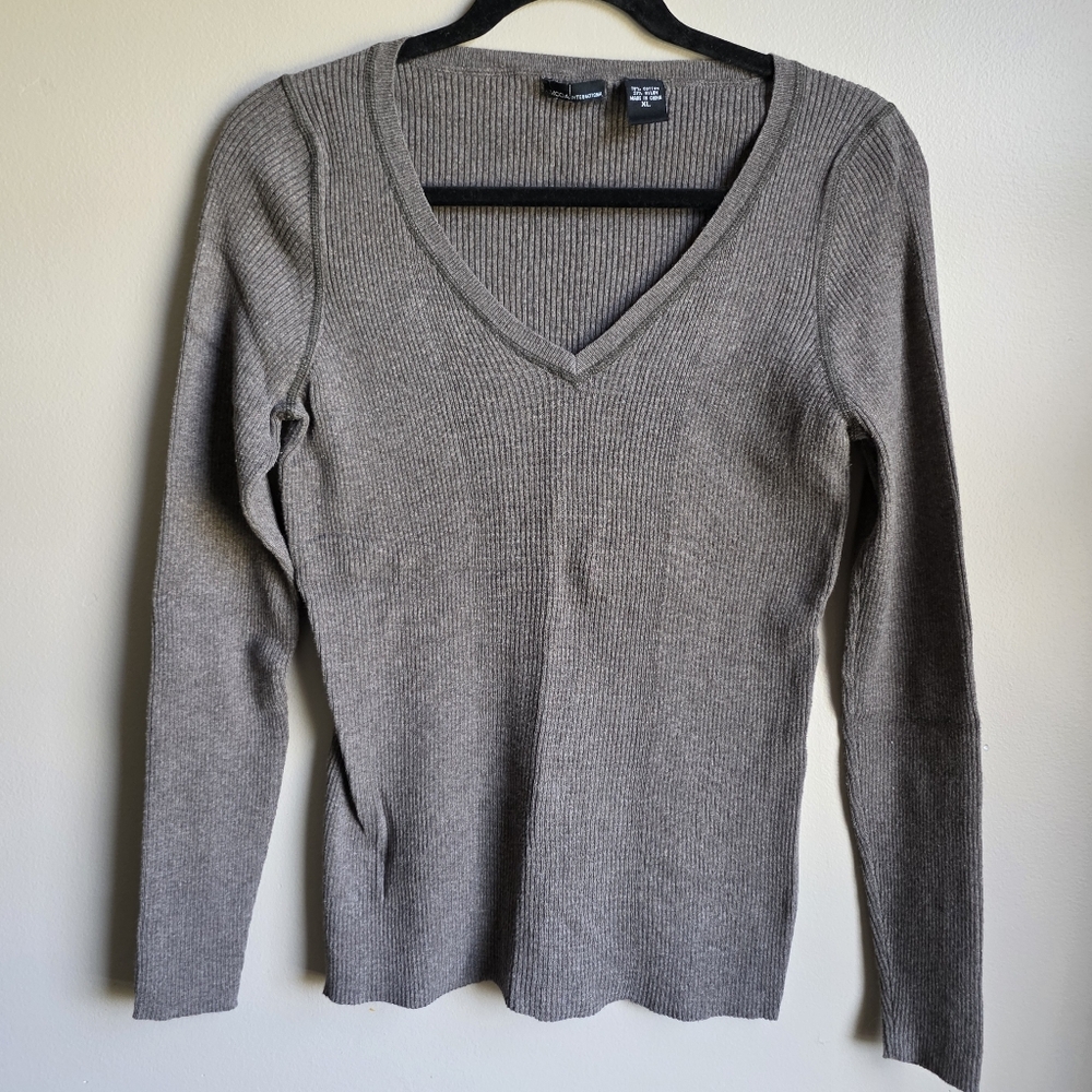 Moda International Cotton Blend Brown V neck Ribbed Knit Sweater Size XL